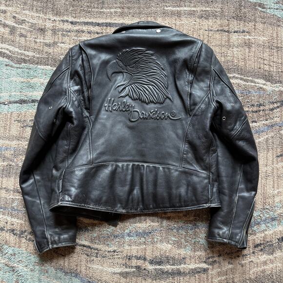 Men's Vintage Harley Davidson Black Leather Embossed Eagle Biker Jacket Sz 42 L